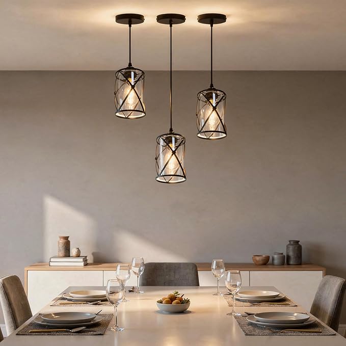 3 Light Pendant Lighting, Farmhouse Hanging Light Fixture for Kitchen Island & Dining Room, Industrial Vintage Ceiling Lamp with E26 Base, Adjustable Height, Matte Black with Glass Shades