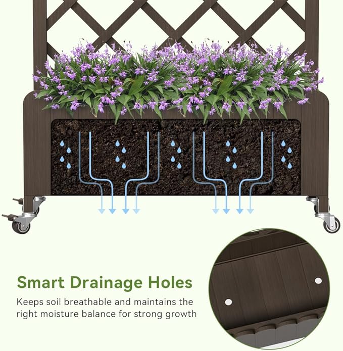 COMHOMA 2 Pack Planter Box with Trellis and Wheels, 48In Elevated Raised Garden Bed, Drainage Holes, Outdoor Lattice for Climbing Flowers, Vegetables, Patio Balcony, Brown