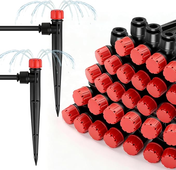 30 Pack Quick Connect 1/4 Inch Drip Irrigation Emitters Fittings, 1/4'' Dripline Push-to-Fit Irrigation 8 Hole Stream Emitters Adjustable 360 Degree Emitter on Stake for Garden Systems