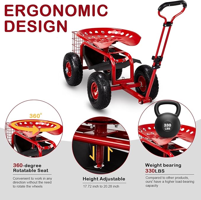 Garden Cart Rolling Workseat with Wheels, Gardening Stool Cart Seat with 360 Degree Swivel Seat & Extendable Handle & Tool Tray, Patio Wagon Scooter for Planting, Weeding, and Outdoor Tasks, Red