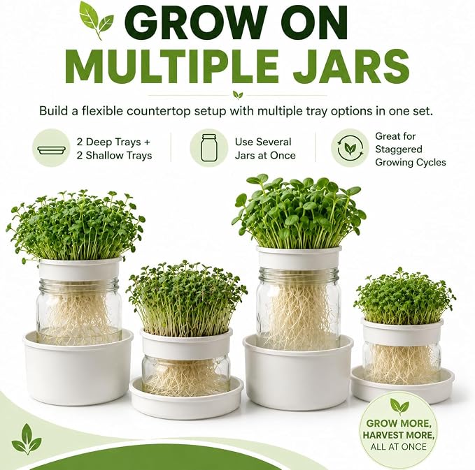 Microgreens Growing Kit for Wide Mouth Mason Jars, 4-Pack Deep & Shallow Hydroponic Growing Trays for Indoor Kitchen Gardening, Reusable Trays for Sprouts, Herbs, Pea Shoots