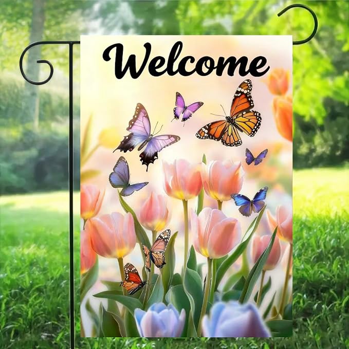 Spring Summer Garden Flag 12x18 Double Sided, Small Burlap Flowers Tulip Welcome Garden Flags Spring Summer Decorations Outdoor Yard Flags for Outside Lawn Décor