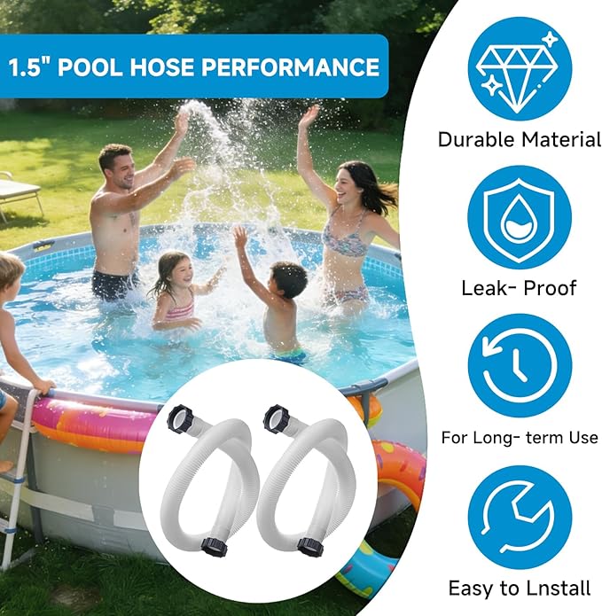 1.5" Pool Pump Hose for Intex Sand Filter Pumps & Saltwater Systems 29060E Pool Filter Hose for Intex & Coleman Above Ground Pools Parts 59" Long replacement hoses with 4 Washers, 2 Pack (1)