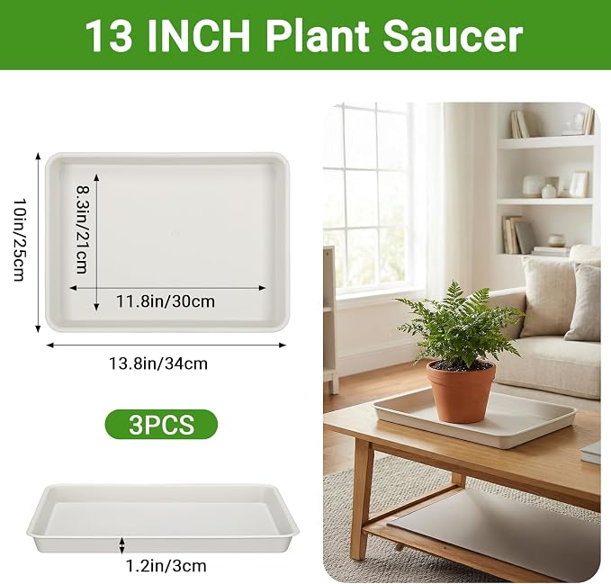 GREANER Rectangle Plant Tray 13 Inch, Beige Seed Starting Trays for Indoor Outdoor Plants, Plastic Plant Saucers for Garden, Windowsill, Greenhouse
