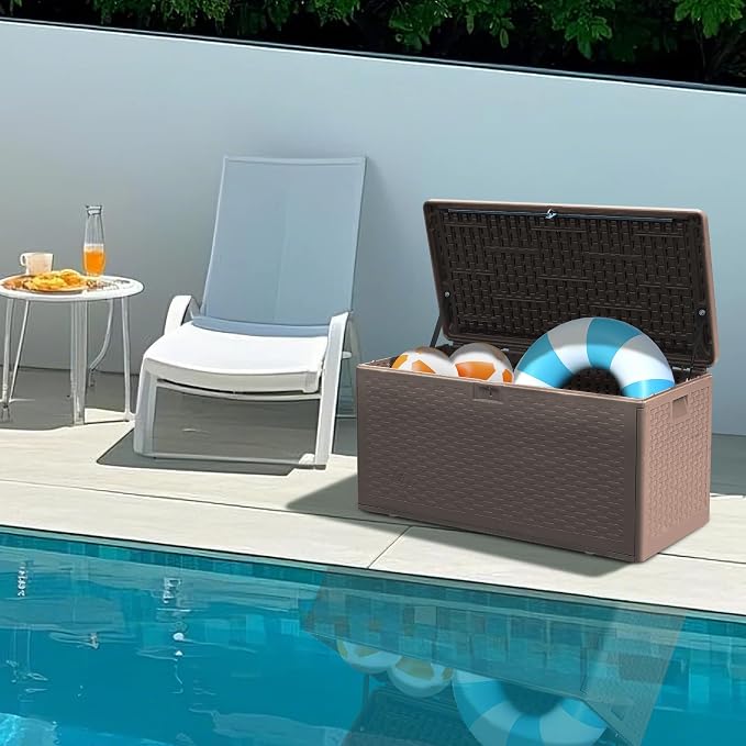 TARKARI 80 Gallon Deck Box,Outdoor Storage Box Lockable,Waterproof for Patio Furniture, Garden Tools, Pool Accessories, Package Delivery Boxes For Outside, Brown