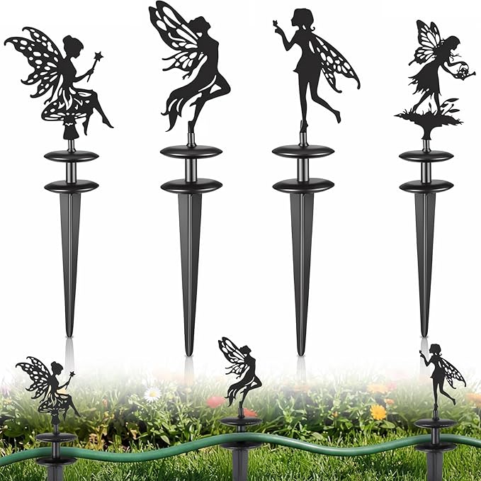 Zonon 4 Packs Metal Garden Hose Guide Stakes 13.8 Inch Heavy Duty Cast Iron Hose Holder Spike with Decorative Flower Fairy Rust Resistant Guides for Garden Lawn Yard Farm Outside Plant Protection
