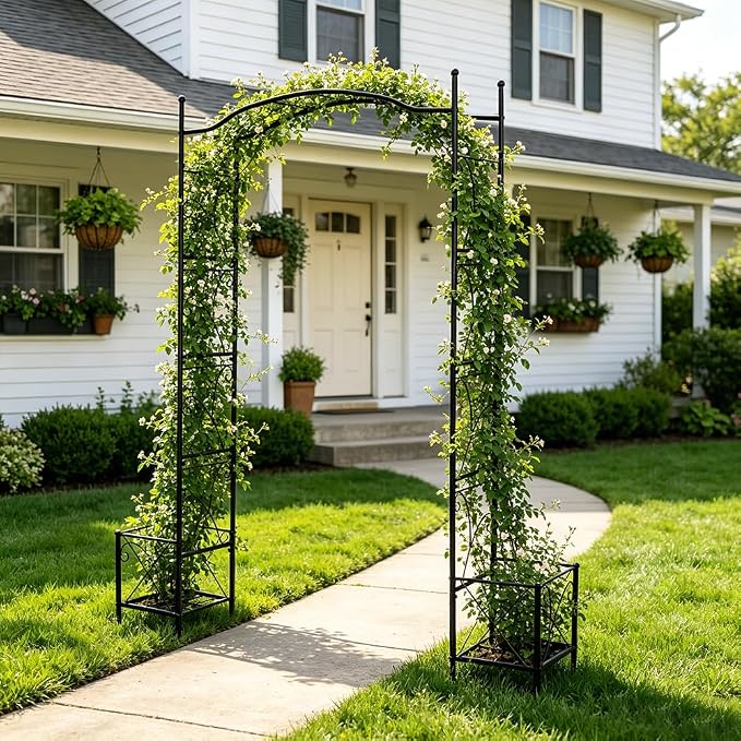 93" Garden Arched Arbor with Planters Outdoor Metal Garden Trellis Flat Top | Arch Trellises for Climbing Plants Vegetables Rose Vine Garden Archway for Backyard Patio Lawn Wedding Party Decoration