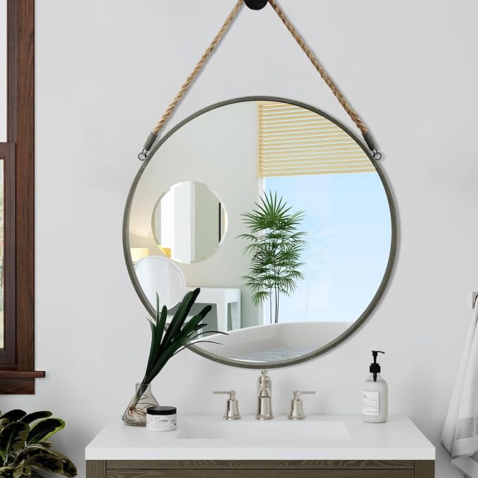 POZINO Round Hanging Mirror with Rope, 24 Inch Grey Metal Frame Circle Wall Mirror, Farmhouse Decorative Mirror for Entryway, Living Room, Fireplace, Bedroom, Bathroom