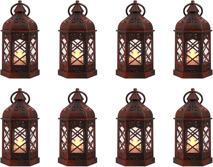 8-Pack Mini Lanterns for Ramadan, Wedding, Festivals, Small Decorative Lanterns with LED Candle for Baby Shower Party, Moroccan Lantern for Table Centerpiece, Medieval Decor, Red Brushed