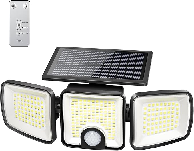 Brightown 1 Pack Solar Outdoor Lights, 2500LM 223 LED Solar Flood Outdoor Lights with Motion Sensor 3 Modes, 3 Head 270° Wide Angle Street Area IP65 Waterproof Security Wall Lights with Remote