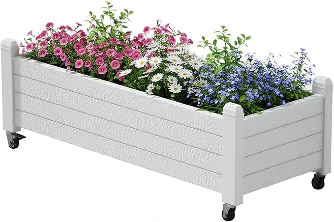 Raised Garden Bed with Wheels, Resin Planter Box with Drain Hole and Water Level Detector, Herb Planter for Garden Patio Backyard, Ashen(13.3" H)