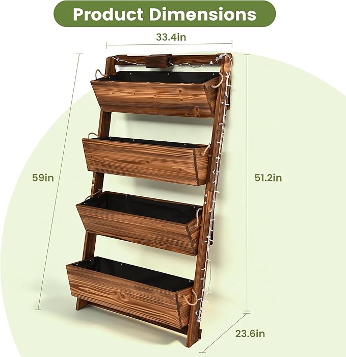 2026 Upgraded 4-Tier Wooden Vertical Raised Garden Bed with 11-Mode LED Lights and 3 Timer Settings, 51" H Wall-Leaning Tiered Planter Box with Tilt-Out Boxes, Liner & Drainage Holes for Patio