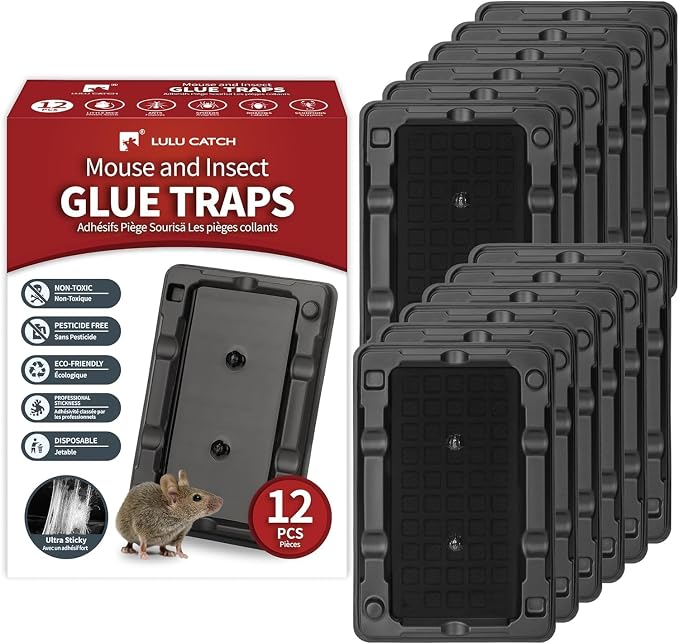 LULUCATCH Mouse & Insect Traps 12 Pack, Heavier Sticky Traps with Non-Toxic Glue for Small Mice & Insects. Sticky Mouse Traps Indoor for Home, Easy to Set
