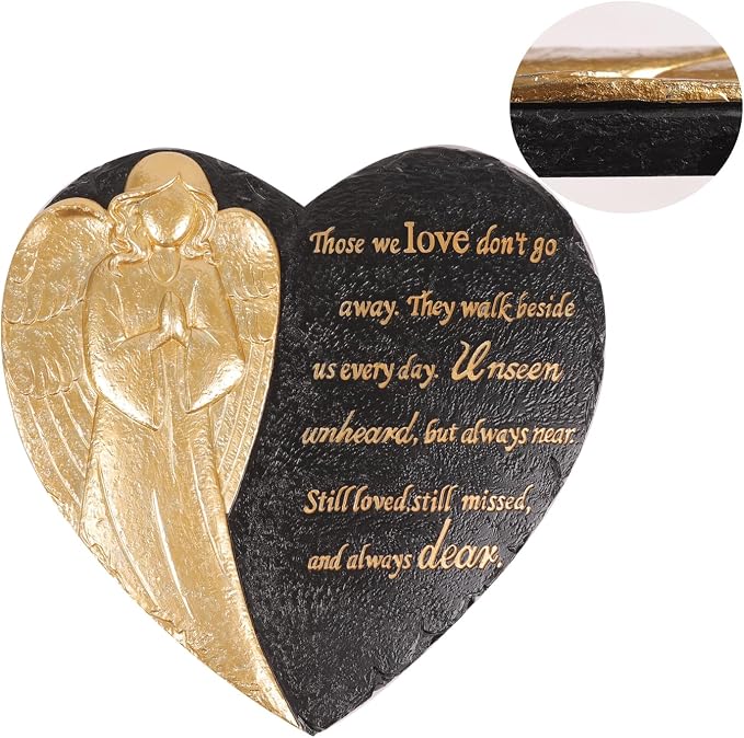 10 Inch Heart Shaped Angel Garden Mmeorial Stones, Memorial plaques for Outdoors, Memorial Garden Angel Decor, in Memory Garden Stones, Memorial Gifts (Black Heart Angel)