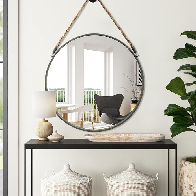 POZINO Round Mirror with Rope, 30 Inch Large Circle Hanging Mirror with Grey Metal Frame, Farmhouse Decorative Mirror for Bathroom Bedroom Living Room Entryway Fireplace