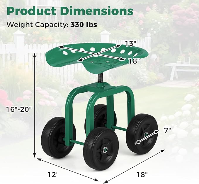 Rolling Garden Seat, Garden Cart with 360° Swivel Work Seat & Adjustable Height, Heavy Duty Garden Seat with Wheels for Lawn Yard Patio Greenhouse Planting Cleaning (Green)