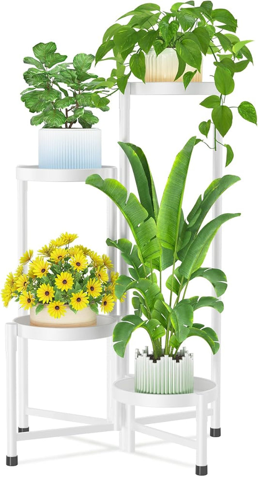 iDavosic.ly Plant Stand Indoor Outdoor, 4 Tier Corner Metal Flower Display Holder Shelf, Folding Tall Orchid Rack for Patio Balcony Porch Garden Living Room House, White