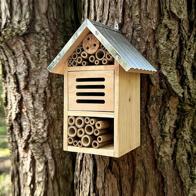 Bee House Hanging Insect Hotel, Natural Wooden Bee Hotel for Garden, Yard, or Balcony, Attracts Pollinators Like Bees, Butterflies and Ladybugs