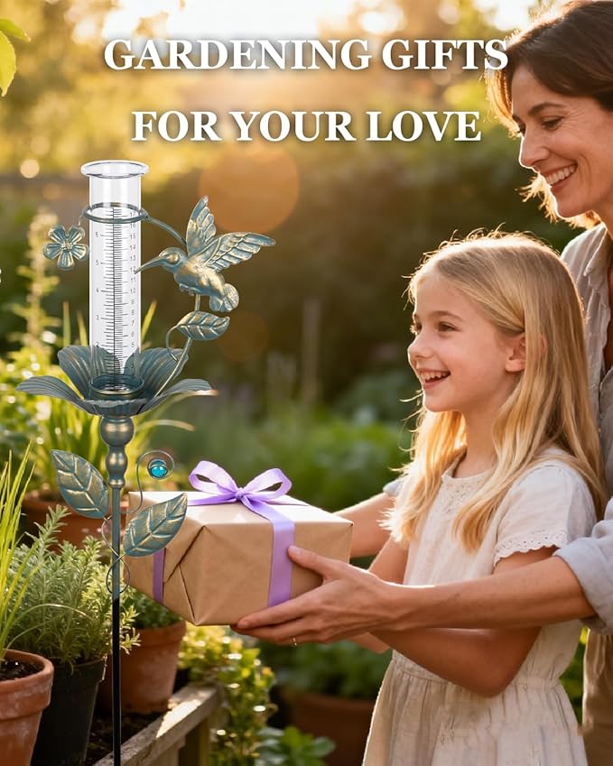 shumi Rain Gauge Outdoor Hummingbird, Upgraded Glass Rain Gauge Outdoors Best Rated, Freeze Proof Adjustable Height Rain Gauges for Yard Garden Decor, Gardening Gifts for Women