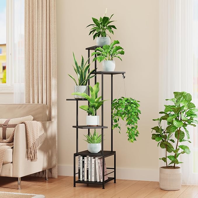 Homsorout Plant Stand Indoor with Grow Light - 6-Tier Metal Plant Shelf with Hanging Basket Hook, Corner Tall Flower Holder for Multiple Plants, Living Room Balcony Garden Patio, Black