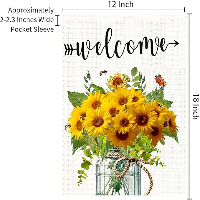Summer Garden Flag Yellow Sunflower Mason Jar Double Sided 12x18 Inches Bee Welcome Small Yard Flag Burlap Welcome Yard Decoration for Outside Porch