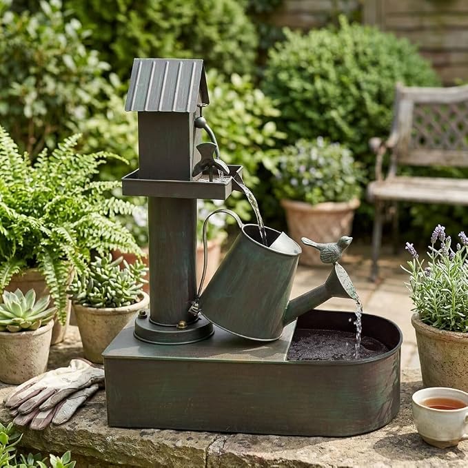 Garden Water Fountain Outdoor, 23" Vintage Waterfall Fountain, Rustic Distressed Green Outdoor Water Fountain with Tilted Watering Can for Yard Patio Decor