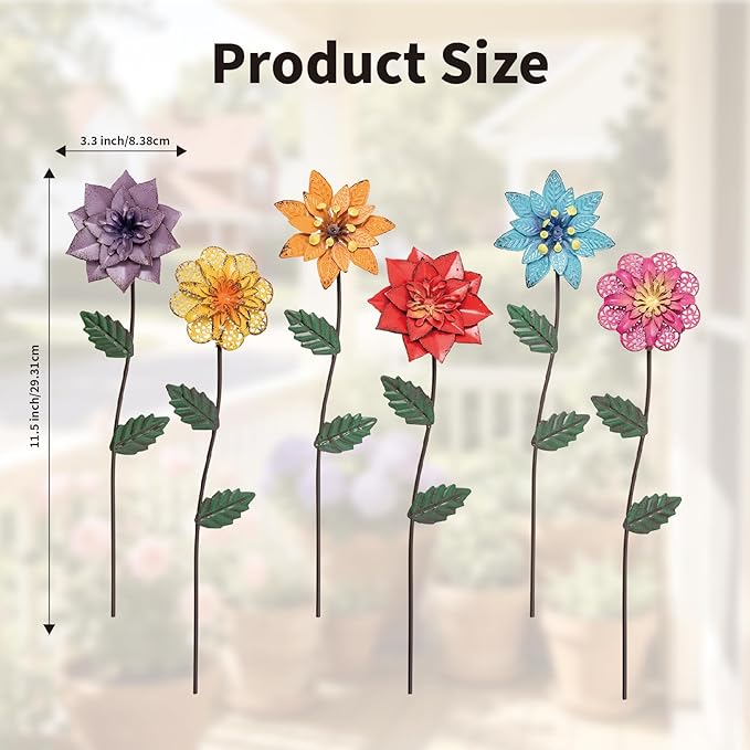 YEAHOME Garden Decor for Outside, 6 Pack Flower Garden Stakes Outdoor Decor Metal Shaking Head Yard Art, Weather Proof Flower Stakes for Yard Porch Lawn Pathway Pot Decorations(Multi-Color)