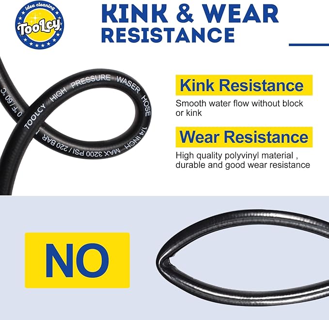 TOOLCY Pressure Washer Hose 25 ft, 1/4" Kink Resistant Power Washer Hose M22 Replacement for Ryobi, Troy Bilt, Greenworks, CRAFTSMAN High PressureWashers, 3300 PSI