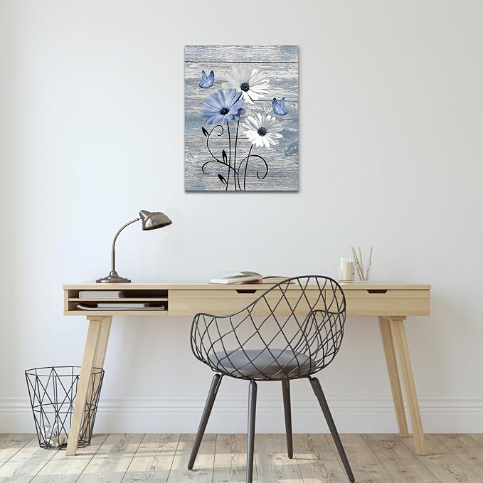 MYUSRE Farmhouse Blue Floral Wall Art for Living Room, Blue and White Daisy Butterfly on Rustic Wood Canvas Wall Art Country Flower Pictures for Bedroom Bathroom Office Wall Decor,10L X 8W inches