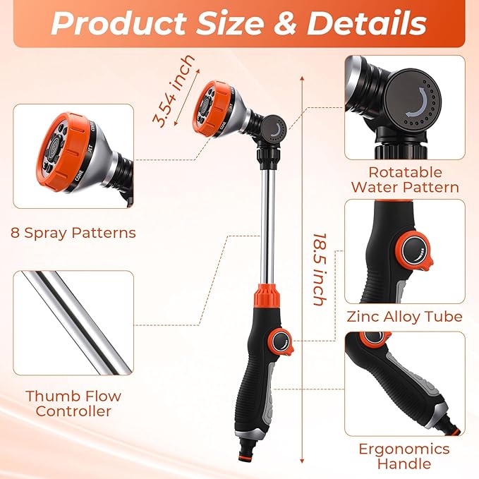 Chumia 2 Pack Metal Watering Wand with 8 Adjustable Spray Patterns 18'' Hose Nozzle Sprayer Heavy Duty 180° Rotating Thumb Control Watering Wand for Garden Lawn Hanging Baskets Orange Blue