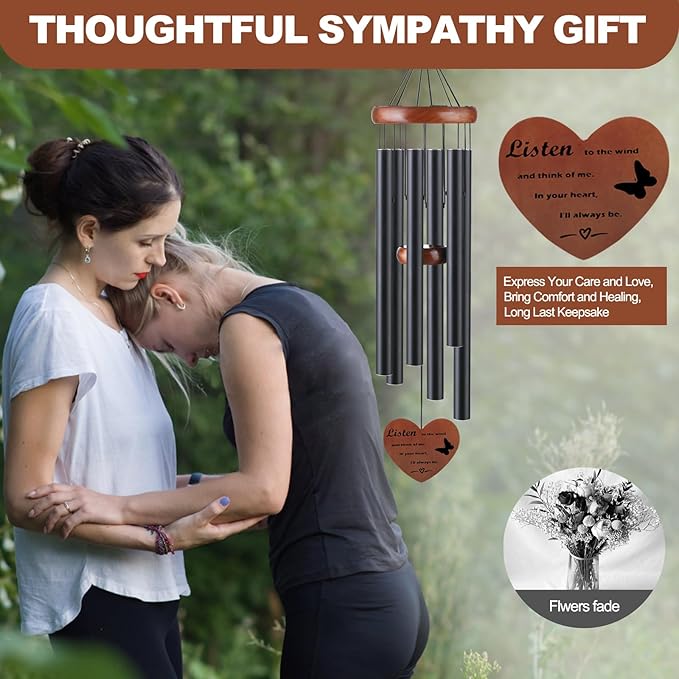 Personalized Memorial Wind Chimes for Loss of Mother or Father – Sympathy Bereavement Gift for Loved One – Unique Outdoor Wind Chimes, Black