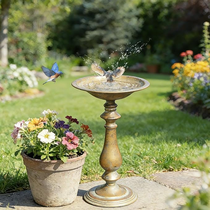 19”H Antique Pedestal Bird Bath, Bird Baths for Outdoors, Hand-Crafted Metal Bird Bath Bird Feeder Seed Tray for Garden Yard Decor.