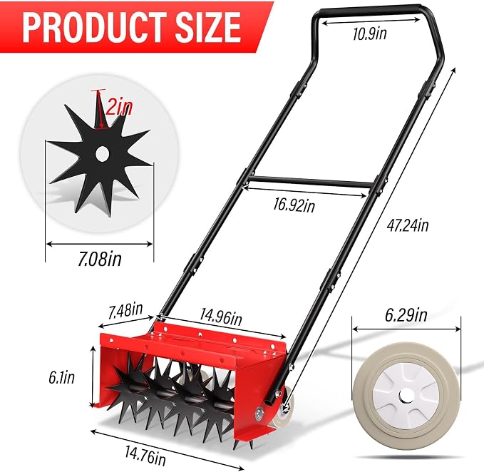 VASALAID Rolling Lawn Aerator, Heavy Duty Manual Push Lawn Aerator Tool with Adjustable Wheels,Rotary Spike Aerator for Lawn Aeration
