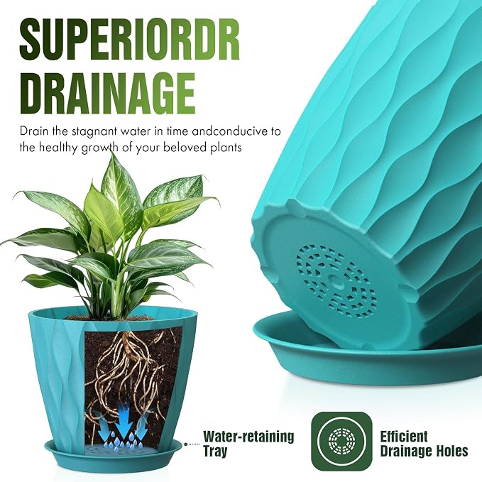 8 Inch Wave Plant Pots with Drainage Holes & Saucers, 4 Pack Modern Textured Medium Planters for Indoor Outdoor Plants, Decorative Flower Pots Repotting Set for Flowers, Herbs (Blue)