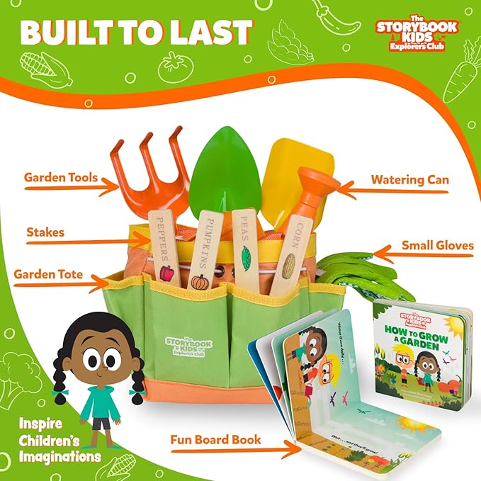 Kids Gardening Set – Toddler Gardening Kit Includes Watering Can for Kids, Shovel, Rake, Plant Stakes, Kids Gardening Gloves, Tote Bag & STEM Learning Gardening Guide Book - Garden Tool Set Green