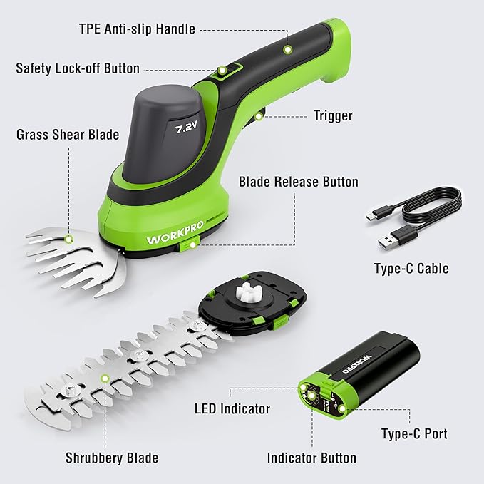 WORKPRO 7.2V Handheld Grass Trimmer, 2-in-1 Cordless Hedge Trimmer & Grass Shears with 2Ah Battery, Small Bush & Shrub Trimmer for Lawn Edging, Garden, Yard & Hedge Trimming