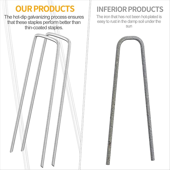 WAENLIR 6 inch 50 Pack Landscape Staples Galvanized Garden Stakes, Metal Landscape Fabric pins Plant Cover Stakes Yard Stakes Tent stakesfor Securing Weed Fabric Barrier, Artificial Turf