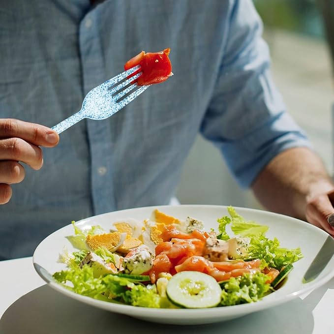 100 Pcs Blue Plastic Forks Blue Glitter Silverware Heavy Duty Plastic Utensils Disposable Cutlery Set for Brithday, Baby Shower, Picnic