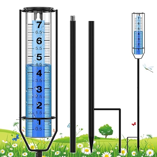 FINEST+ Upgraded Rain Gauge, 7" Freeze Proof Rain Gauge Outdoor Best Rated, Large Clear Numbers and Adjustable Height Rain Measuring Tool for Garden, Lawn and Farm