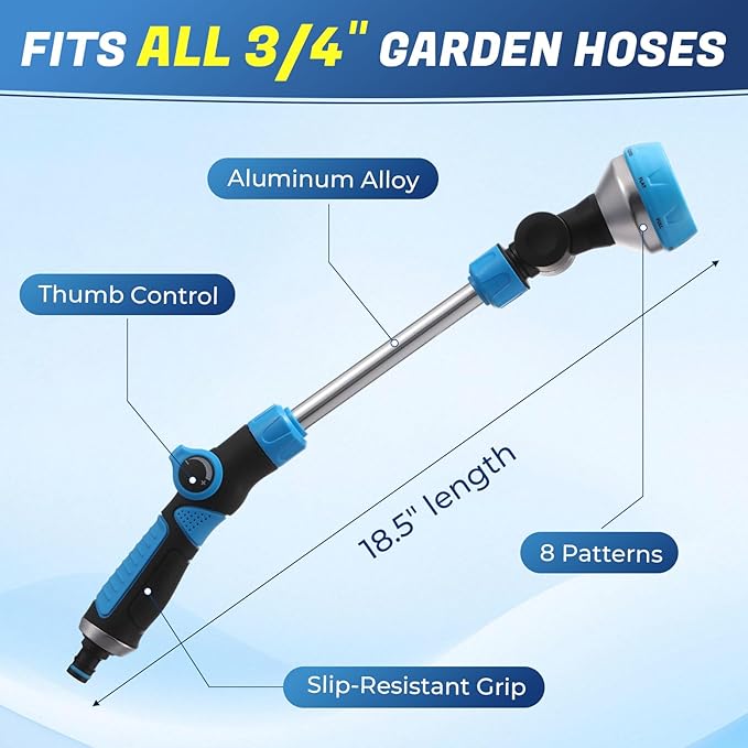 Meanplan 4 Pack Garden Watering Wand, 18.5" Garden Hose Wand with 8 Spray Patterns, Hose Duty Nozzle180° Rotating Head Thumb Control Shut Off for Raised Beds, Flowers, Container Plants, Car Washing
