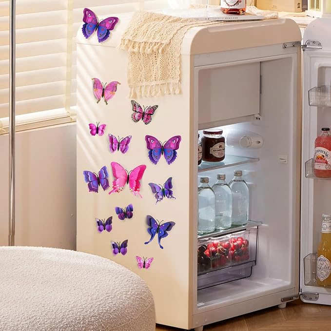 SAOROPEB 3D Butterfly Wall Decor, 48 Pcs Double Layer Butterfly Decorations for Party Decorations Locker Decor Refrigerator Decal, Reusable (Purple)