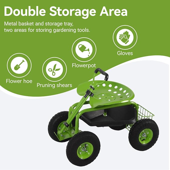 Rolling Garden Cart - Outdoor Workseat with Wheels, Heavy Duty Garden Tool Cart with Storage Bracket and Tool Tray for Yard, Planting Gardening Work (Green)