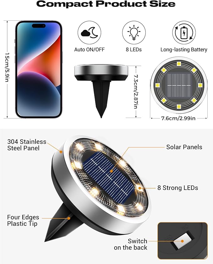 btfarm 10 Pack Solar Lights Outdoor, 8 LED Solar Ground Lights IP65 Waterproof Flat Solar Disc Light, Pathway Lights for Garden Lawn Patio Yard Path Landscape, Warm White