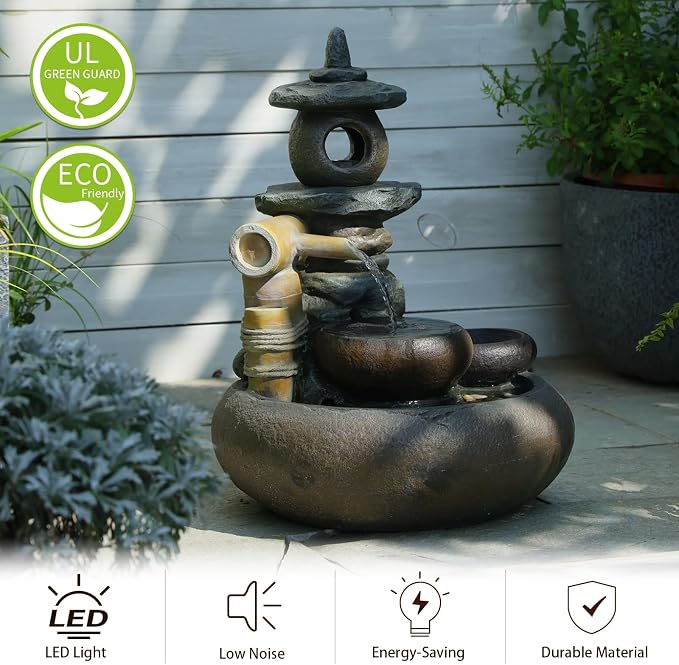 21" H Pagoda and Bamboo Outdoor&Indoor Outdoor Water Fountain, Natural Zen Decor Desian Outside Waterfall with LED Lights - Suitable for Garden/Patio/Yard/Deck/Balcony and Home Art Decor Resin