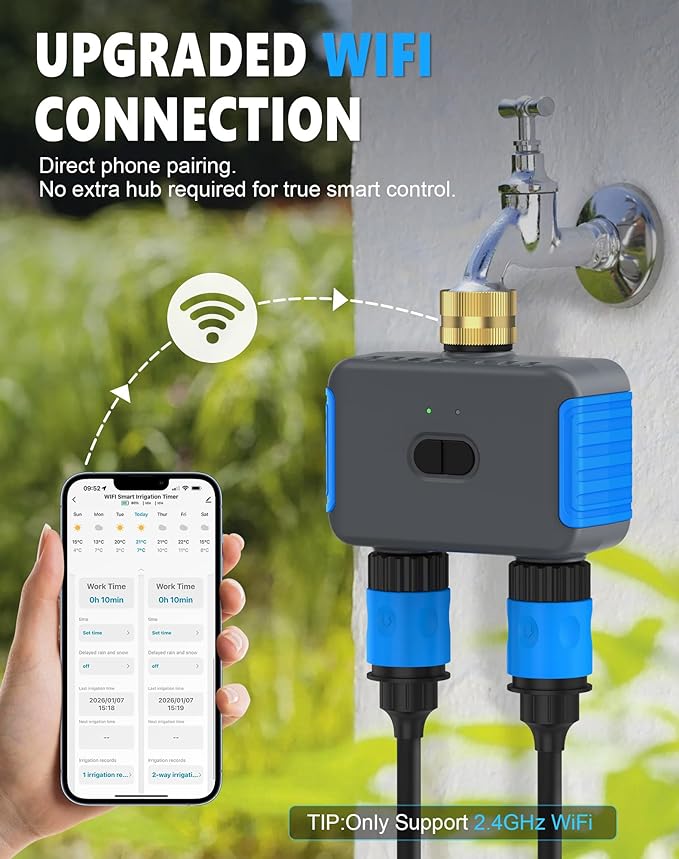 WiFi Sprinkler Timer, 2 Zone Smart Bluetooth Hose Timers, Water Timer with APP, Digital Irrigation System Compatible with Alexa Google, for Outdoor Garden Lawn