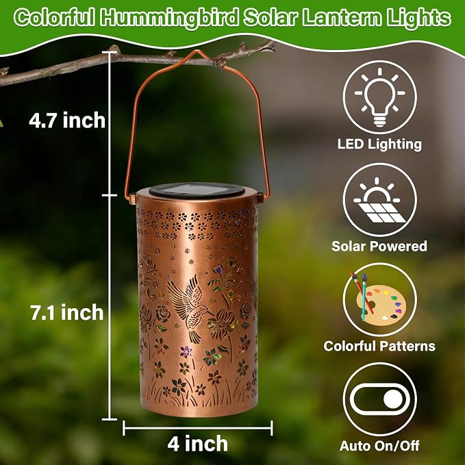 Colorful Solar Lanterns Outdoor Waterproof, Mmulticolored Hummingbird LED Solar Lights Garden Decor Gifts for Women Mom Grandma, Metal Hanging Lantern for Outside Table Tree Patio Pathway Lawn Decor