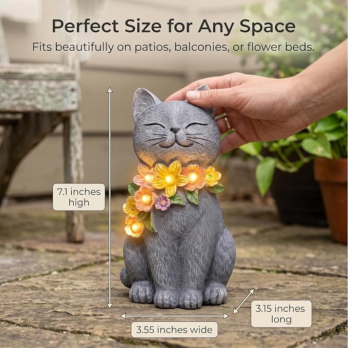 Solar Cat Garden Statue for Outdoor Decor, Cat Solar Light with Flowers, Resin Cats Figurine for Garden, Yard, Lawn Decor, Cats Lover Gifts for Women