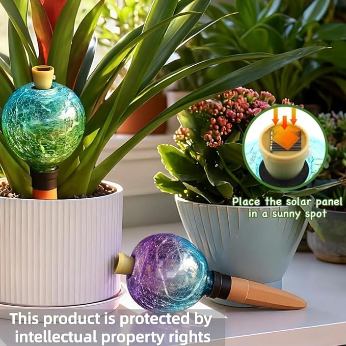 SAVENNA Crackle Glass Plant Watering Globe with Terracotta Spike,Self-Watering Irrigation for Potted Plants, with Solar Accent Light for Indoor & Outdoor Décor, 17oz, Blue–Green Gradient