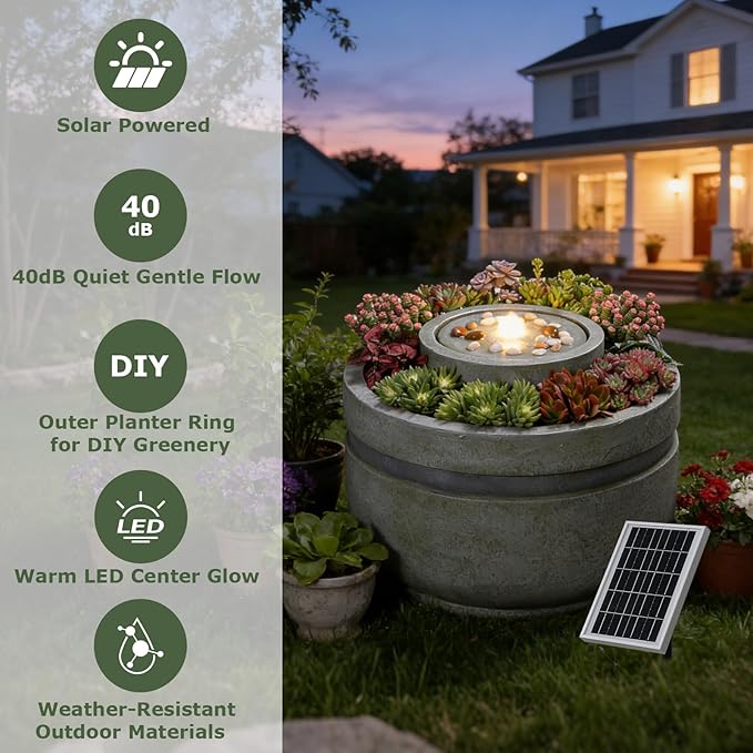 Solar Water Fountain Outdoor Garden Solar Power Fountains with Lights and Built-in Planter,Zen Bubbler Water Feature Outdoor for Outside Patio Yard Home Décor, 23.62" L x 23.62" W x 18" H
