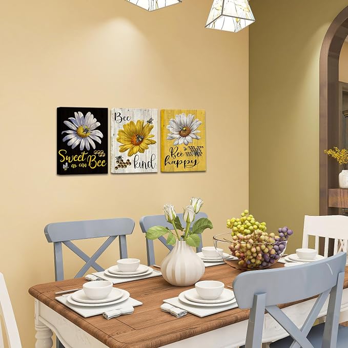 FuShvre Flower and Bee Canvas Wall Art Bee Happy Kitchen Picture Prints Black Yellow Wall Decor for Farmhouse Framed 12"x16"x3pcs